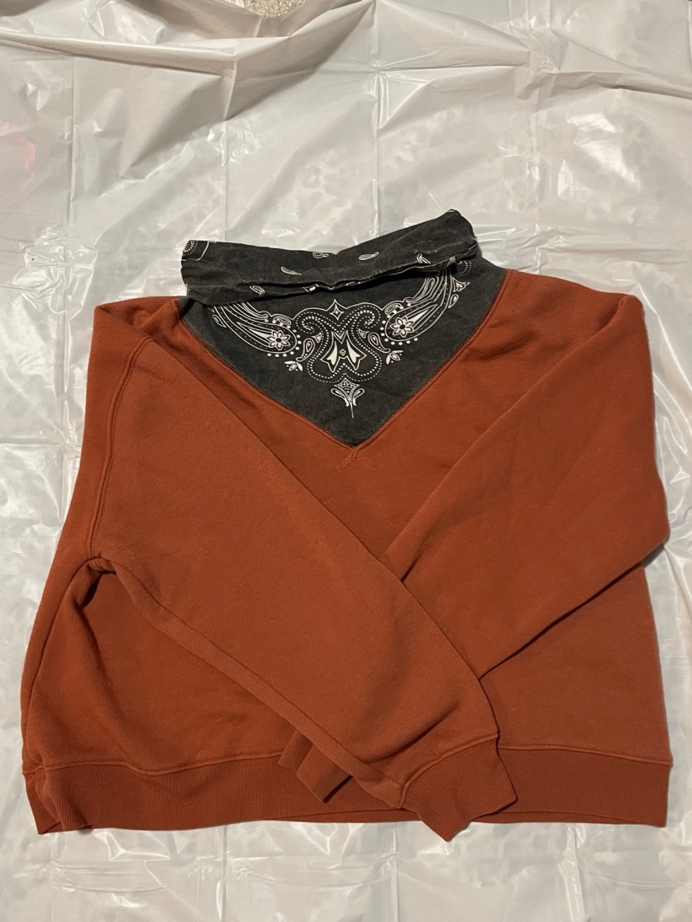 Buckle Rust V-Neck Sweater with Black Bandana Insert